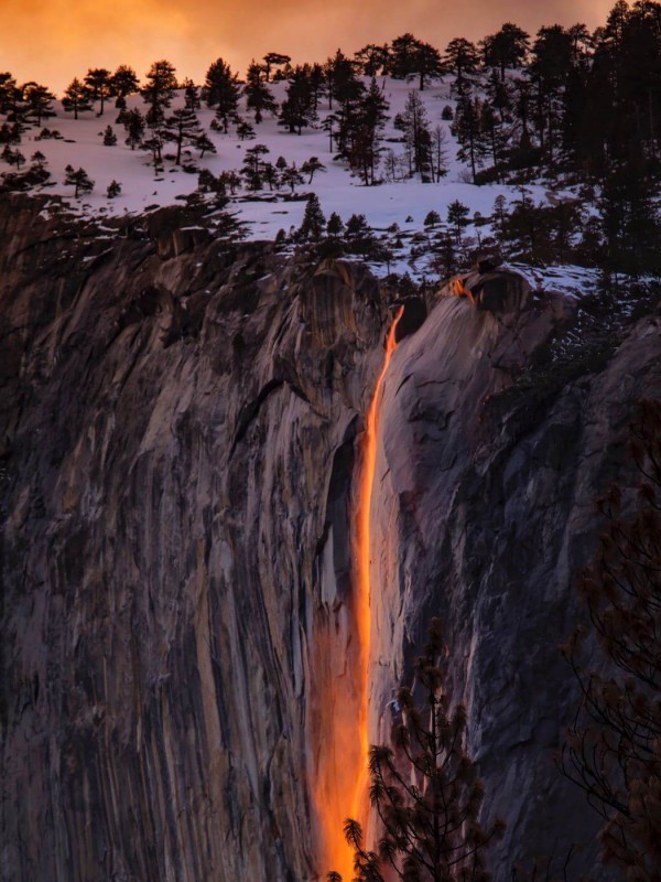 Nicely lit waterfall in the sunset that seems like lava